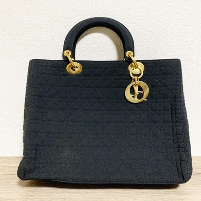 Christian Dior Cannage Quilted Black TopHandle Bag Gold Hardware Charm Authentic