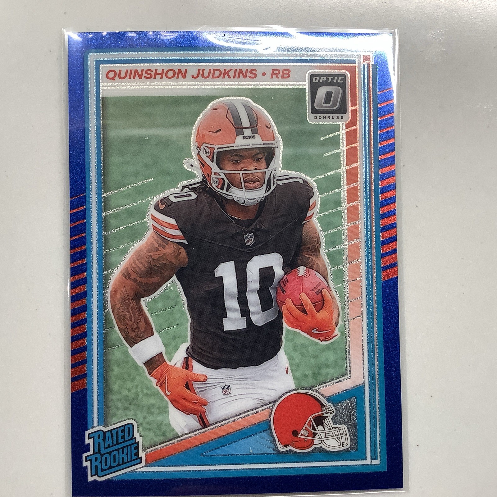 2025 Panini Donruss Optic Rated Rookie Blue Glitter Quinshon Judkins #252 Brown 