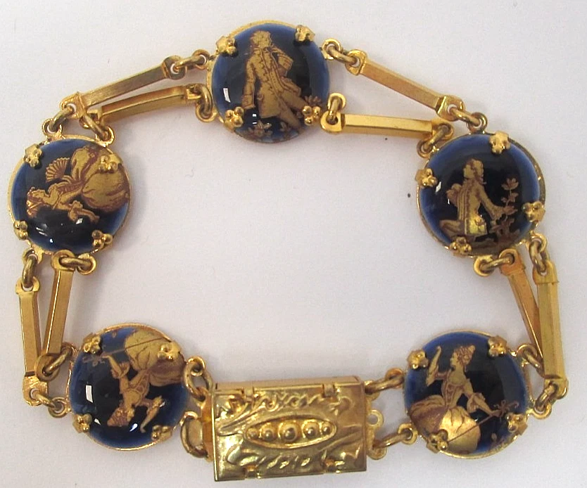 Juego de brazalete y pendiente vintage de porcelana bailarina tono dorado azul con oro Foto 3 de 4