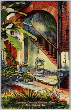 Vtg Linen Postcard Courtyard View, Governor Claiborne Home New Orleans, LA 1930s