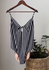 Women's J CREW Navy Blue White Striped Tie Front One Piece Swim Swimsuit Large L