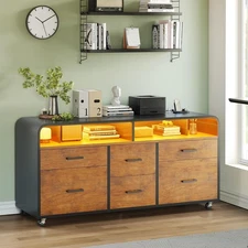 6 Drawer File Cabinet, 47" Wood Mobile Filing Cabinet fits Legal/Letter/A4 Size