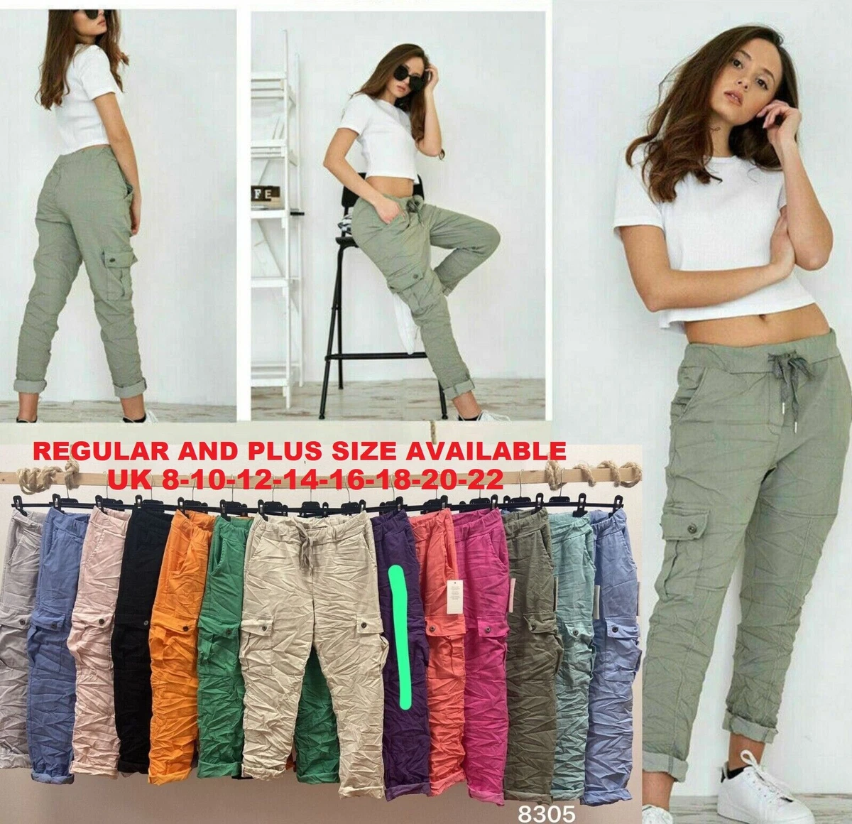 Women's Ladies Magic Stretch Comfy Joggers Cargo Utility Pockets Trousers  Pants