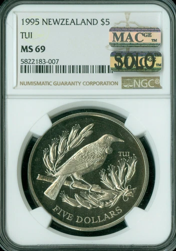 1995 NEW ZEALAND $5 DOLLAR TUI NGC MS69 PQ MAC SOLO FINEST SPOTLESS 4000 MINTED.