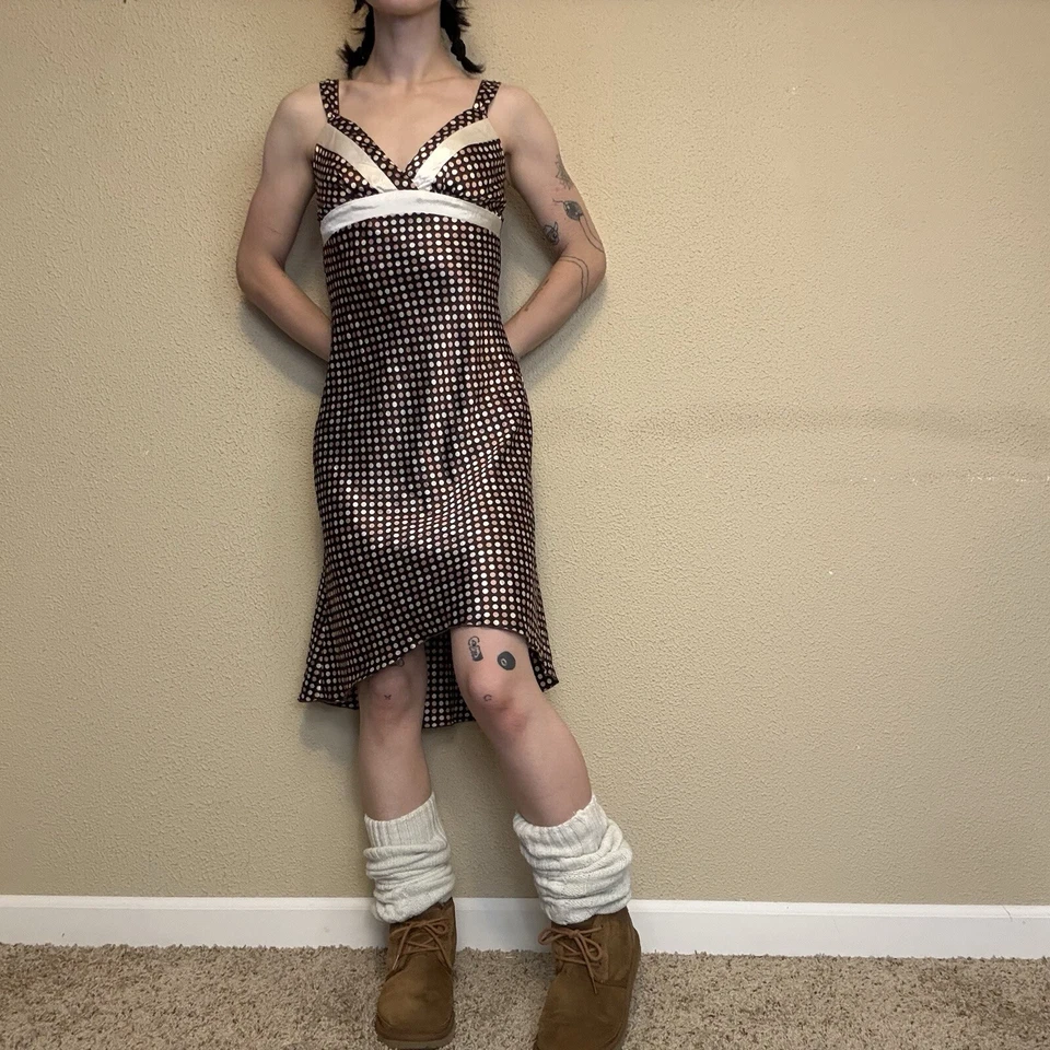 BCX y2k girly brown sleeveless polka dot v neck dress w/ high low hem women's XS - Image 3 of 4