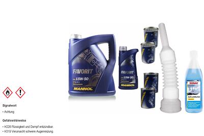 6L MANNOL Motoröl Favorit 15W-50 API SL/CF/CF-4 inkl. Additiv Auslaufschlauch
