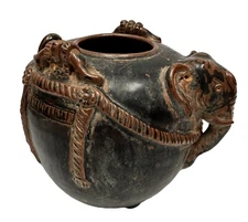 Angkor-Khmer Inspired Elephant Pottery Jar in Ceremonial Dress, Dark Brown Glaze