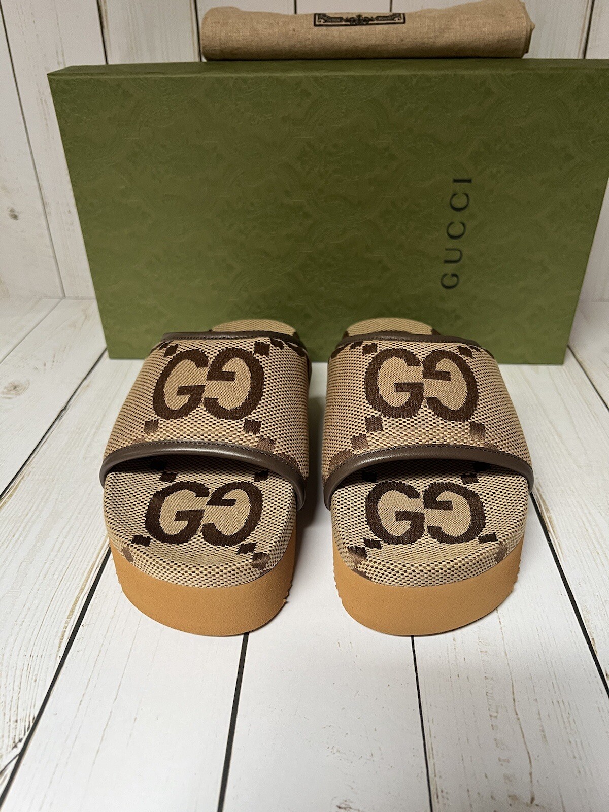 Gucci Jumbo Monogram GG Platform Slide Sandal Camel/Ebony Sz 35 / 5 image 5