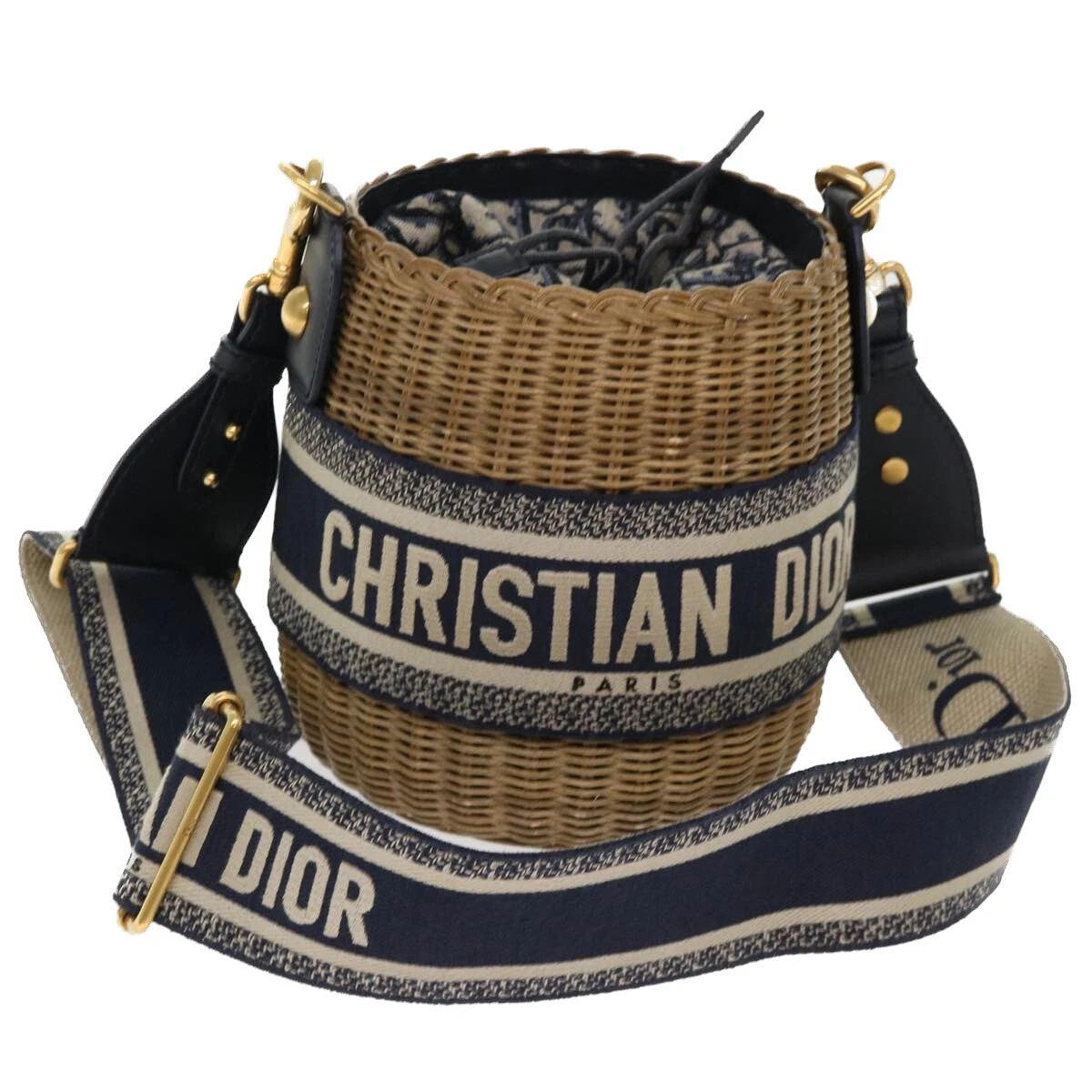 Sac panier Christian Dior trotteur toile sac épaule rotin bleu authentique 51270A