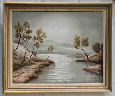 J. MOREL OIL PAINTING MOONLIT RIVER LANDSCAPE MID CENTURY VINTAGE