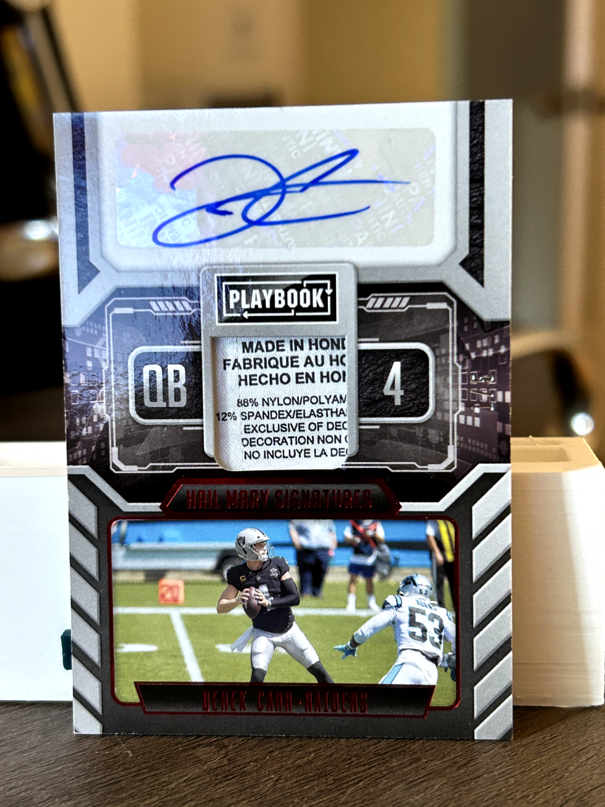 Panini 2021 libro de jugadas Hail Mary Signatures Derek Carr 01/05 etiqueta de lavado automático