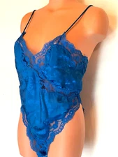 Vtg Val Mode Silky Blue Nylon Lace Trim  Romper Teddie Nightie size Small
