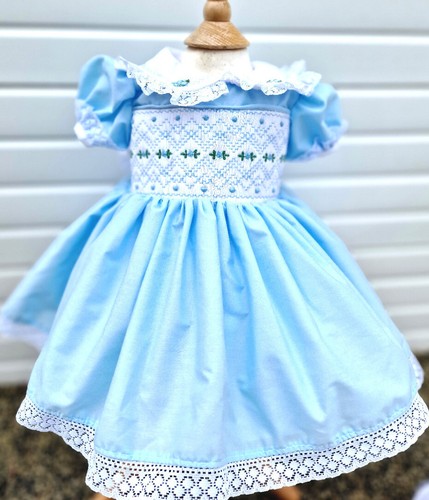 Dream baby girls 0-7 years sky blue smocked embroidered traditional lined dress - Picture 5 of 7