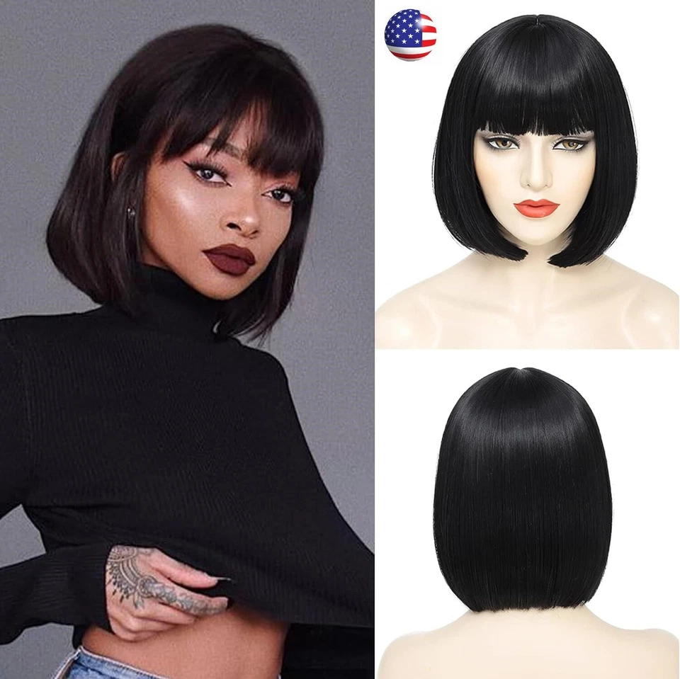Peluca Bob Negra con Flequillo 13" Pelucas Bob Cortas Mujeres Peluca Negra Calor Diario EE. UU. Foto 3 de 4