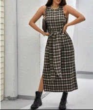 Plaid Pencil Side Slit Dress Size M With Side Accent Belt