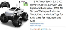 1:16 RC Truck Toys - 2.4 GHZ Remote Control Car with LED Light and Loadspace