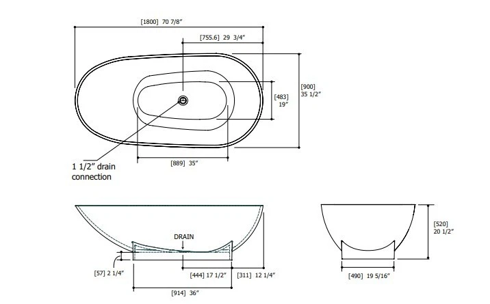 Aquabrass Aquabagno Turks B0016WHGL 71" Bañera Independiente con Drenaje Lineal Nueva Foto 2 de 4