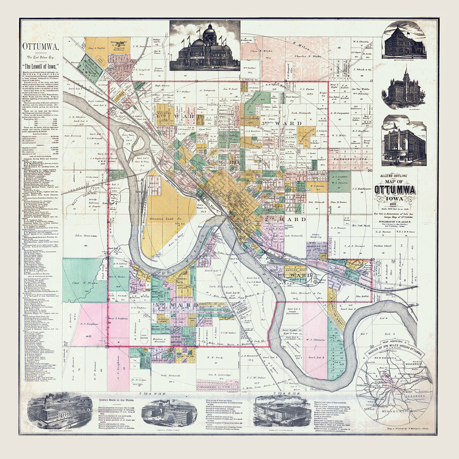1891 Map of Ottumwa Iowa eBay