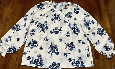 NWT Ann Taylor LOFT Outlet White Blue Floral Blouse Top LS size Small Petite $64