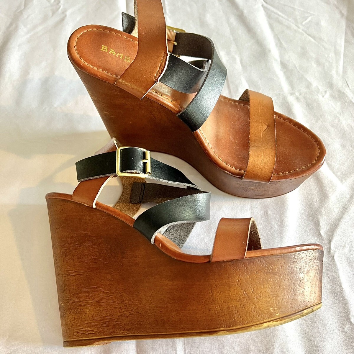 Bamboo Women's Sz Strappy Brown Black Open Toe Wedge High Heels Shoes  Pumps