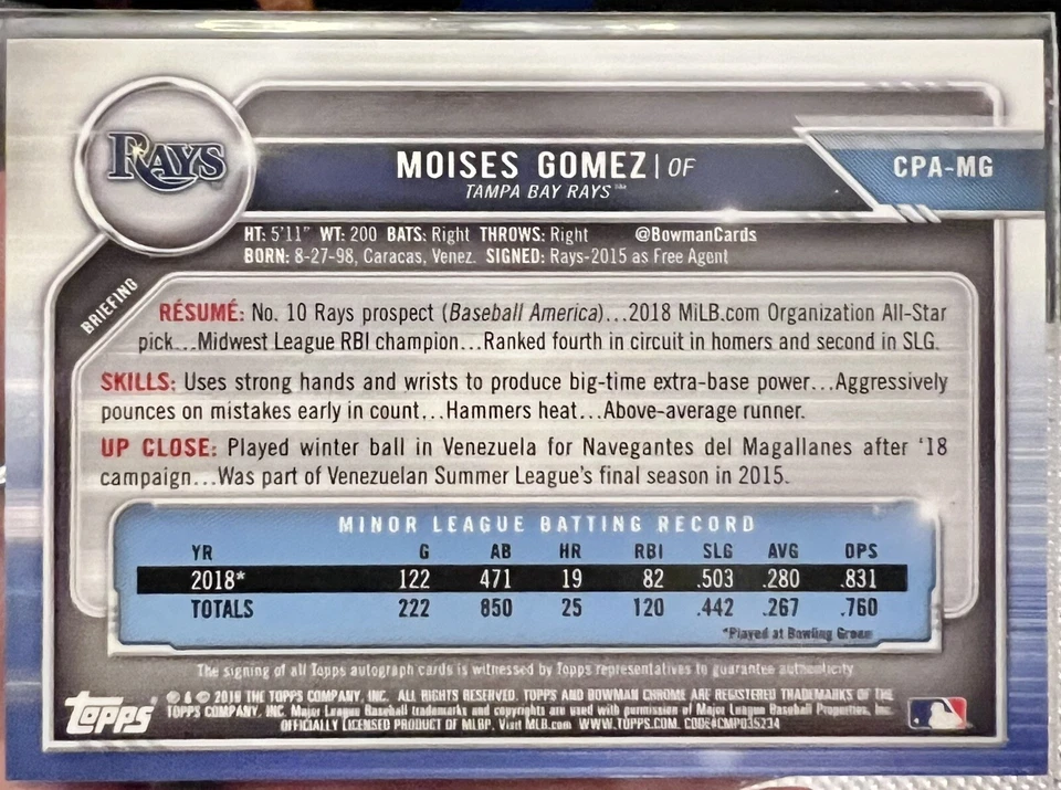 2019 Bowman Chrome Purple Refractor Auto MOISES GOMEZ, CARDINALS #CPA-MG,  /250 - Image 2 of 2