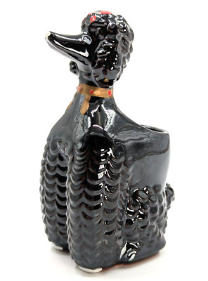 NOS! Vintage 1950 s Ceramic 6  Tall Black Poodle Planter Vase Pencil Holder