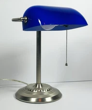 UL Bankers Desk Lamp Cobalt Blue Glass Shade Shiny Silver Pedestal Office
