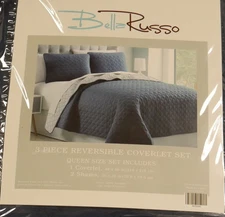 NIP BELLA RUSSO 3 PC. REVERSIBLE COVERLET QUEEN SIZE, ONE SIDE DK BLUE / LT BLUE
