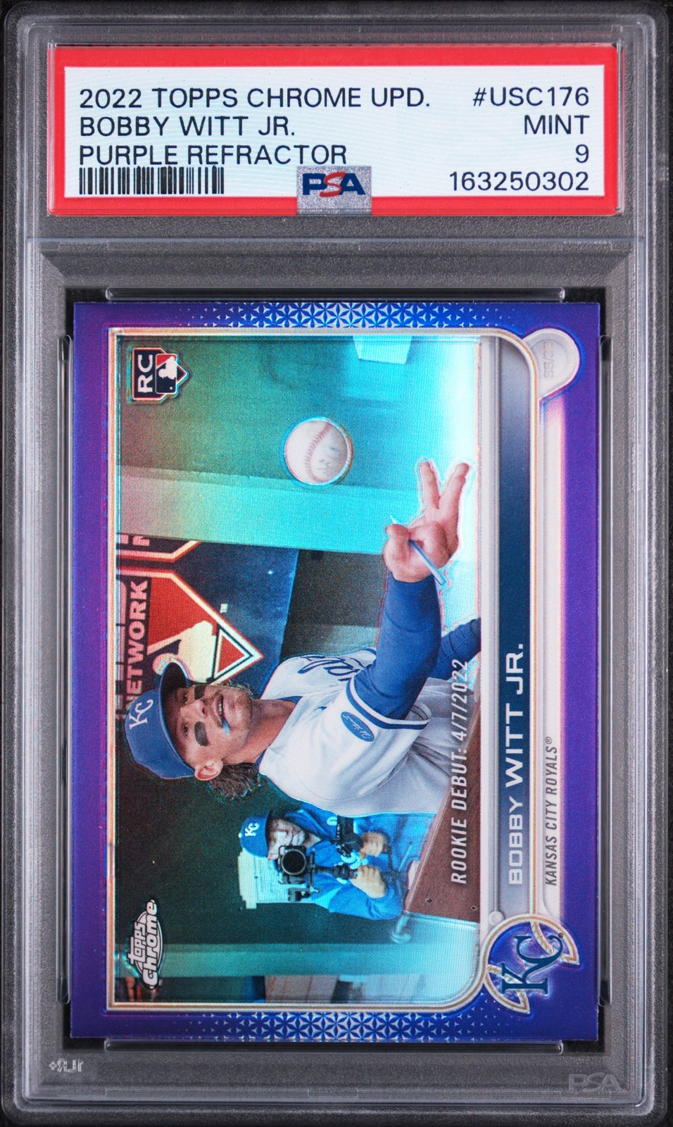 2022 TOPPS CHROME UPDATE PURPLE REFRACTOR #USC176 BOBBY WITT JR. ROOKIE RC PSA 9