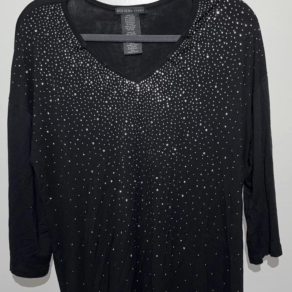 Design History 女式黑色水钻 V 领 3/4 袖束腰上衣 XL 码 — 第 2/4 张图片