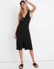 Madewell XL Organic Cotton Ribbed Button-Down Tank Midi Dress True Black V-neck