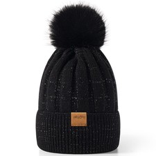 Winter Beanie Hat Women Faux Fur Pom Pom Warm Fleece Lined Knit Beanie