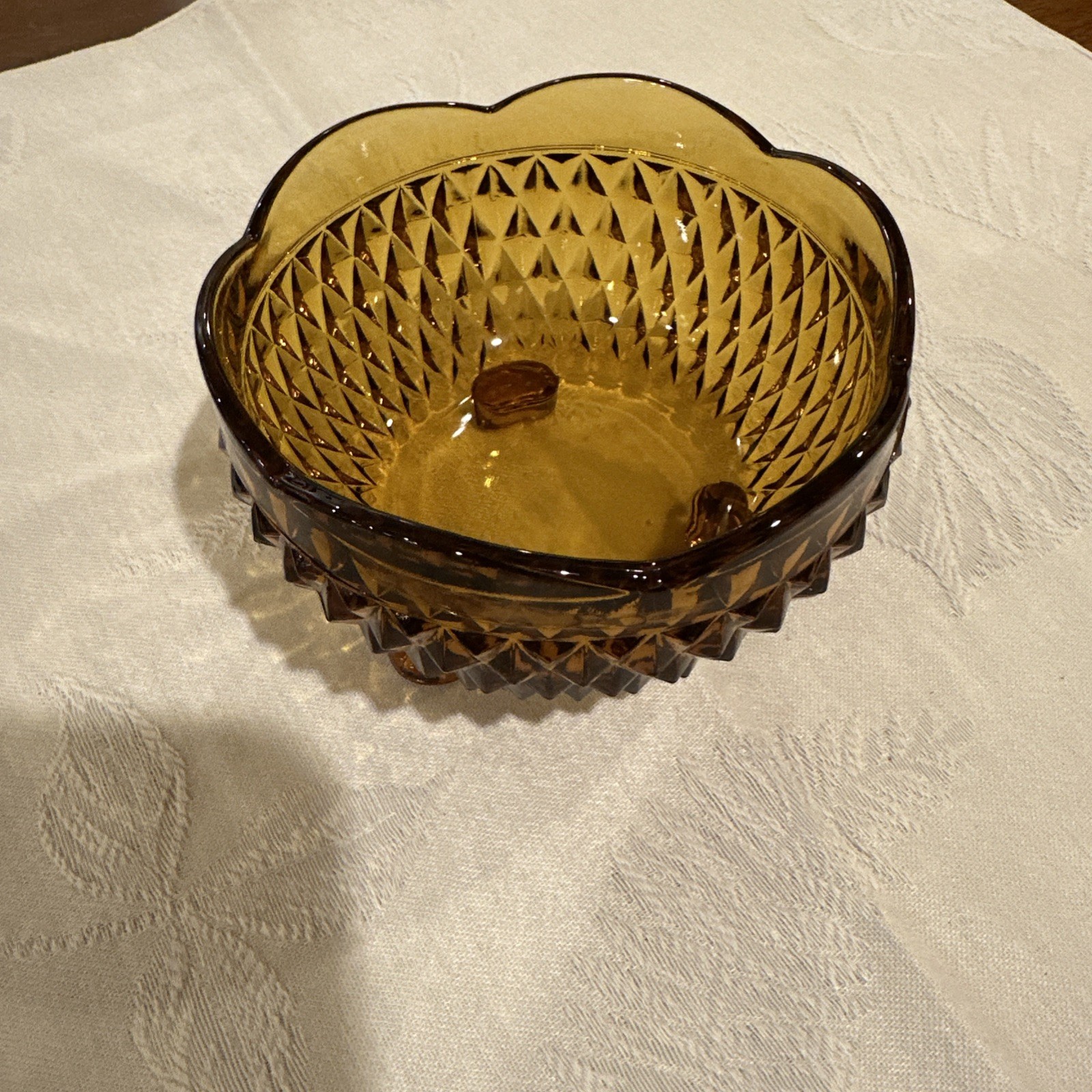 Vintage Amber Indiana Glass Diamond Point Footed Candy Nut Dish Bowl