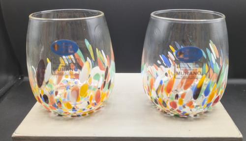 Murano White Crystal Confetti Stemless Wine Glasses Hand Blown Italy New Set/2 - Picture 3 of 3