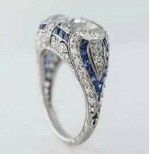 Art Deco Style Lab Created Diamond Three Stone 14k White Gold FN Wedding Ring