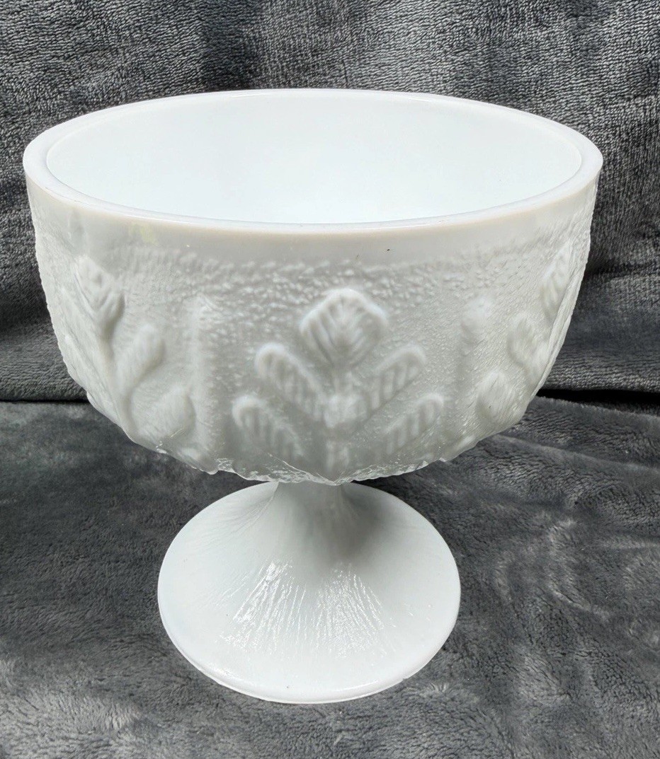 Vintage FTD Milk Glass Vase Leaf Pattern Compote Pedestal Dish