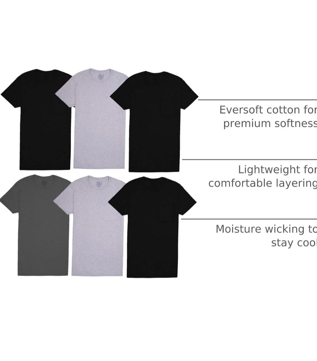 Fruit Of The Loom Men's 6pk Pocket Tees Size L New Moisture Wicking Eversoft image 6