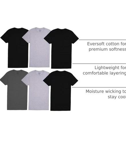 Fruit Of The Loom Men's 6pk Pocket Tees Size L New Moisture Wicking Eversoft image 6
