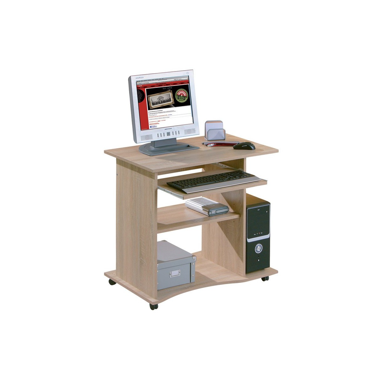Bureau informatique à roulettes 80cm Tao table ordinateur chêne compacte