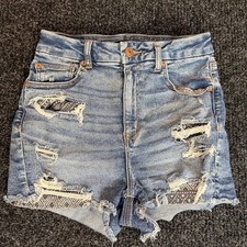 American Eagle Curvy Hi-Rise Shortie Distressed Denim Shorts Medium Wash Size 6