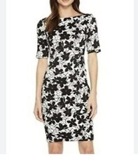 Calvin Klein Floral Dress Size 8 Womens Short Sleeve Stretch Sheath Black White
