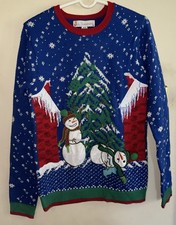 Jolly Sweaters Ugly Christmas Sweater Size Small LIGHTS UP Snowman Blue Tree