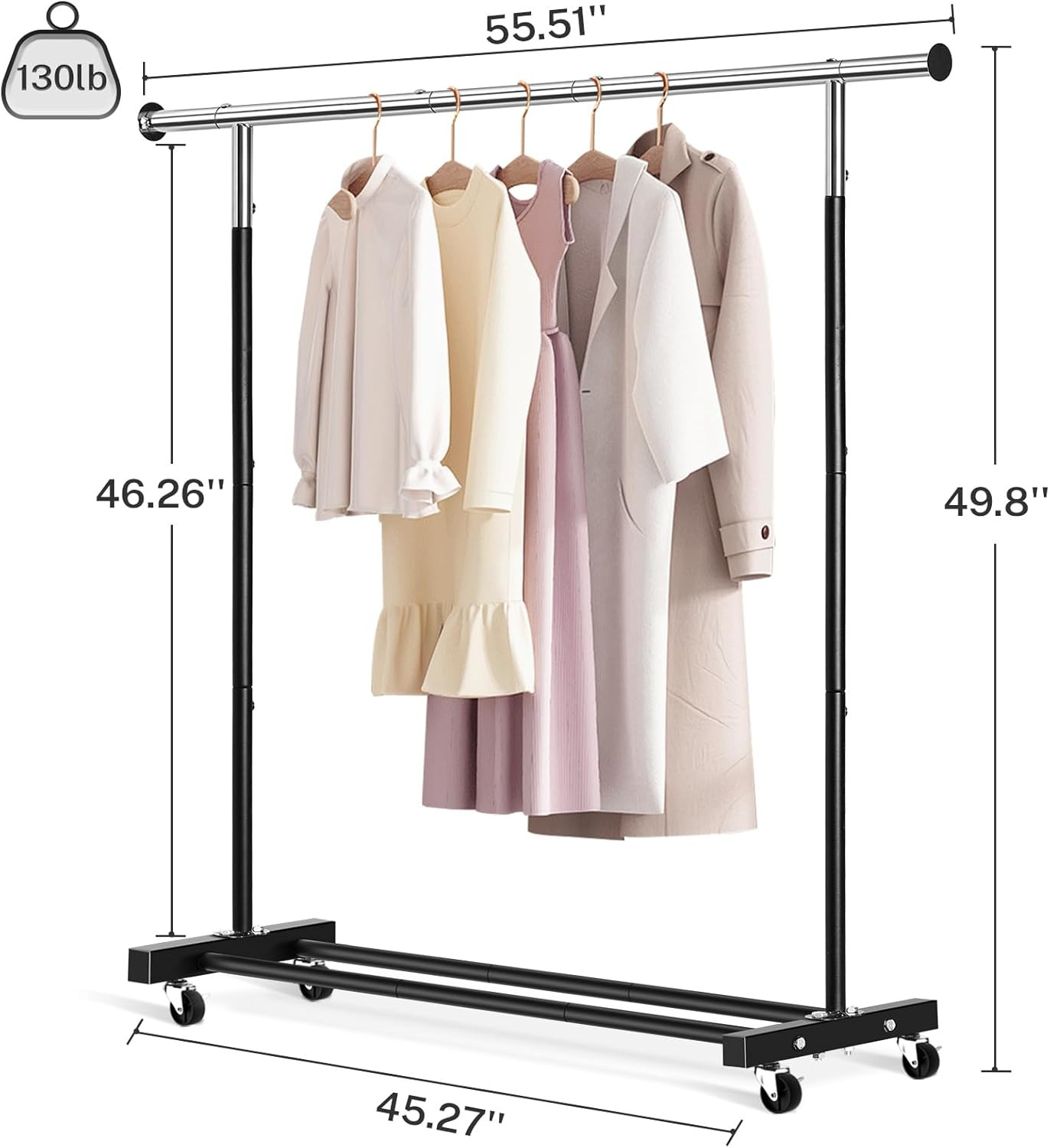 Clothing Rack, 55.51 Inch Heavy Duty Clothes Rack Rolling Garment Rack with Whee
