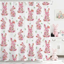 Spring Easter Shower Curtain, Cute Pink Easter Bunnys Floral Shower Curtain for