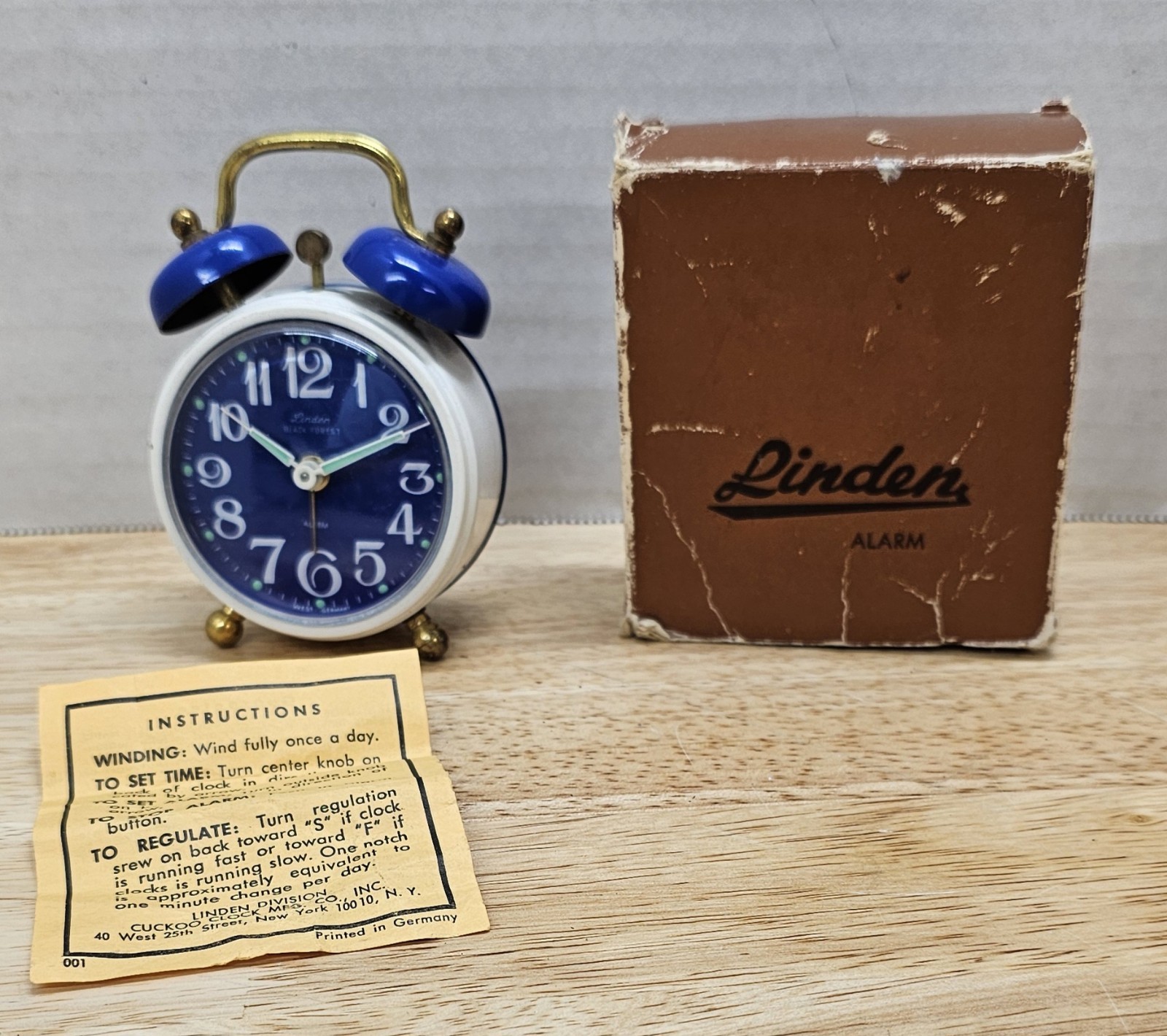 Vintage Linden Twin Bell Windup Alarm Clock Working W/ Box, (F)