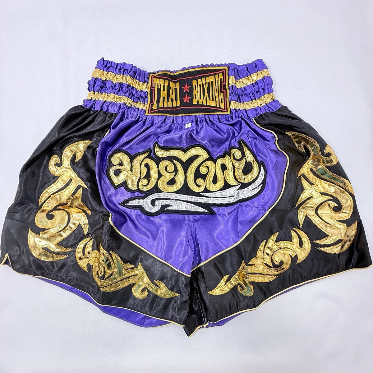 Muay Thai Boxing Shorts Men Women Size L Purple Gold Font Patched