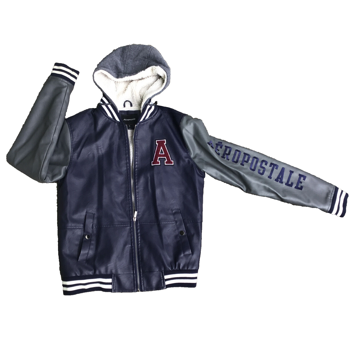 Aeropostale Leather Aviator Jacket Size Small Men Hooded Sherpa