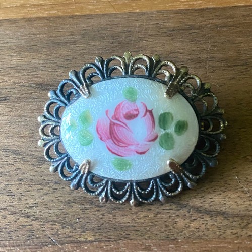 Vintage Floral Guilloche Brooch Enameled Pin Pink Rose Gold Tone *pls read