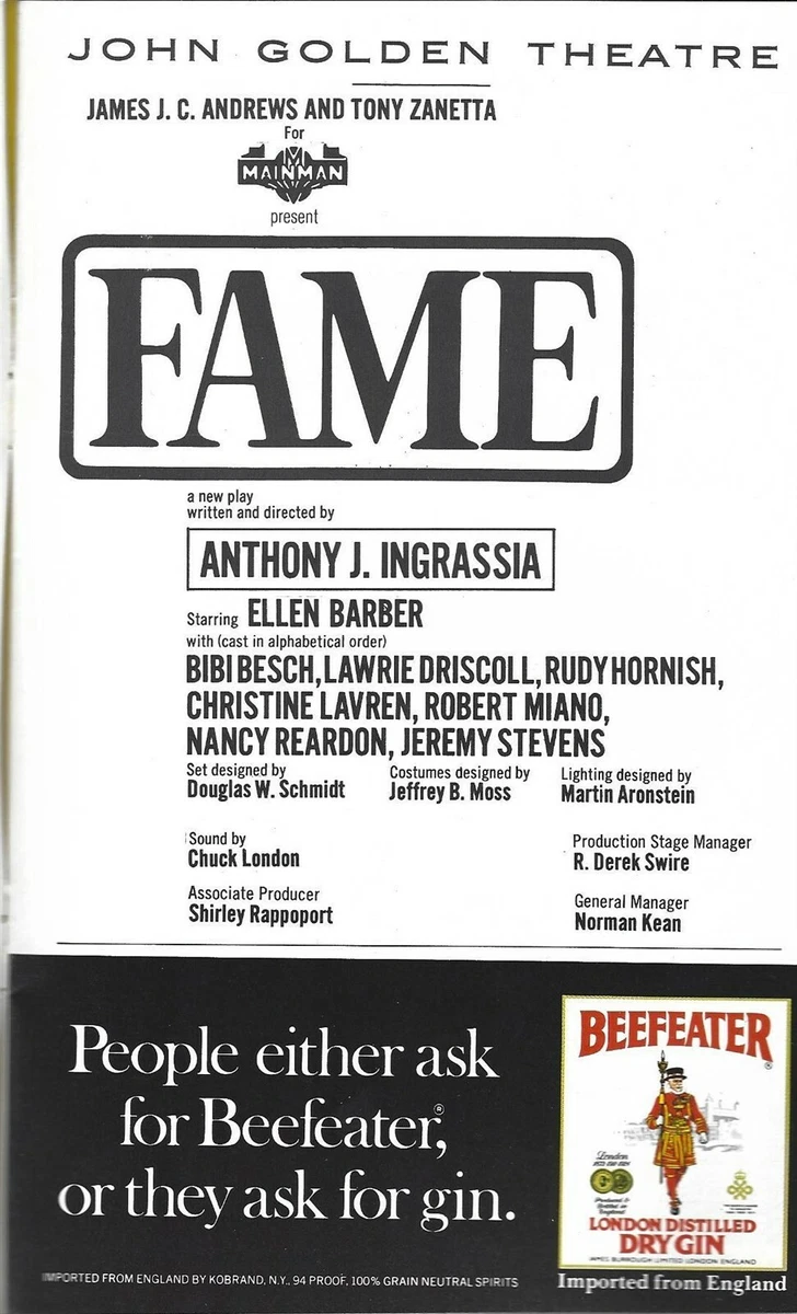Fame Playbill, Ellen Barber, Bibi Besch, Nancy Reardon, Lawrie
