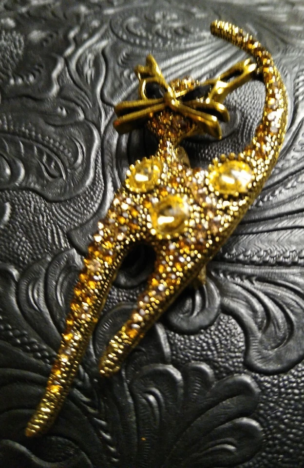 Broche prendedor gato Betsey Johnson 2,75" tonos naranja/bronce/dorado con pedrería ¡EXCELENTE ESTADO USADO! Foto 2 de 4
